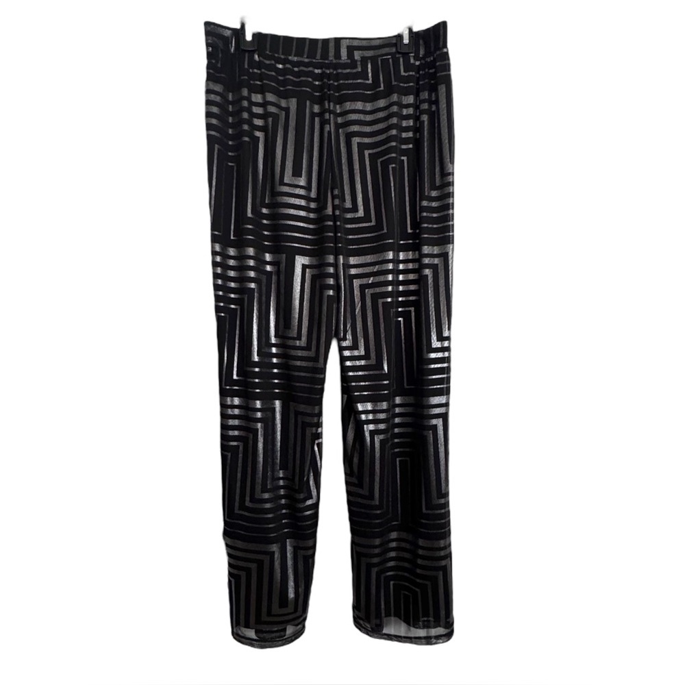 New Directions Size M Black/Silver Geometric Wide Leg Pull-On Fully Lined Pants - Picture 4 of 6